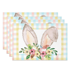 Aperturee - Grey Bunny Ear Plaid Floral Leaf Set Of 4 Placemats