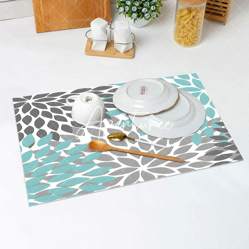 Aperturee - Grey Cyan Abstract Floral Modern Set Of 4 Placemats