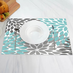 Aperturee - Grey Cyan Abstract Floral Modern Set Of 4 Placemats