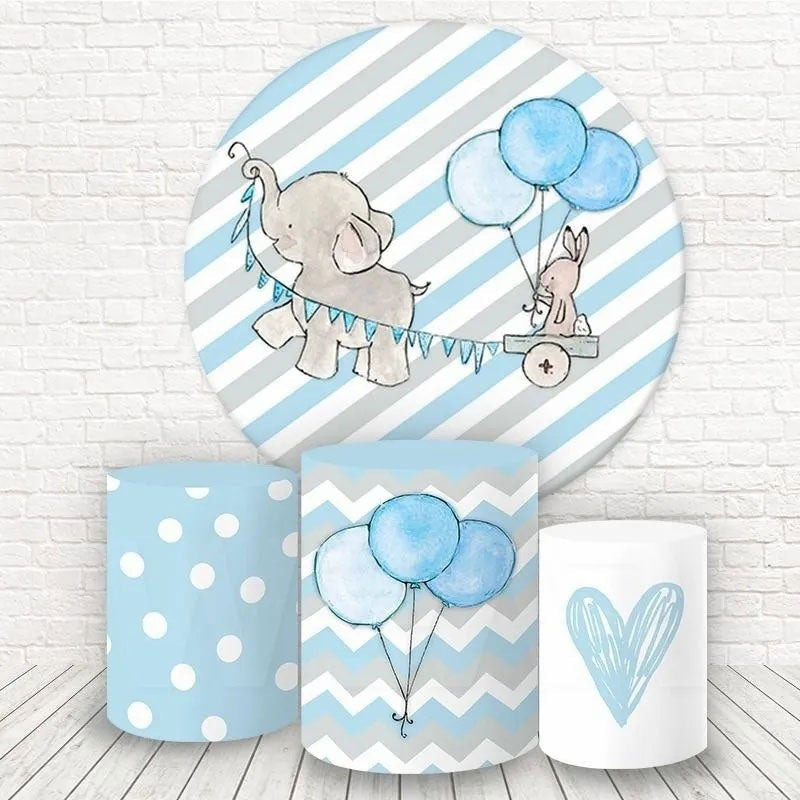 Aperturee Grey Elephant And Blue Ballons Round Birthday Backdrop Kit