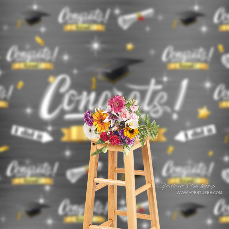 Aperturee - Grey Glitter Mortarboard Star Congrats Grad Backdrop