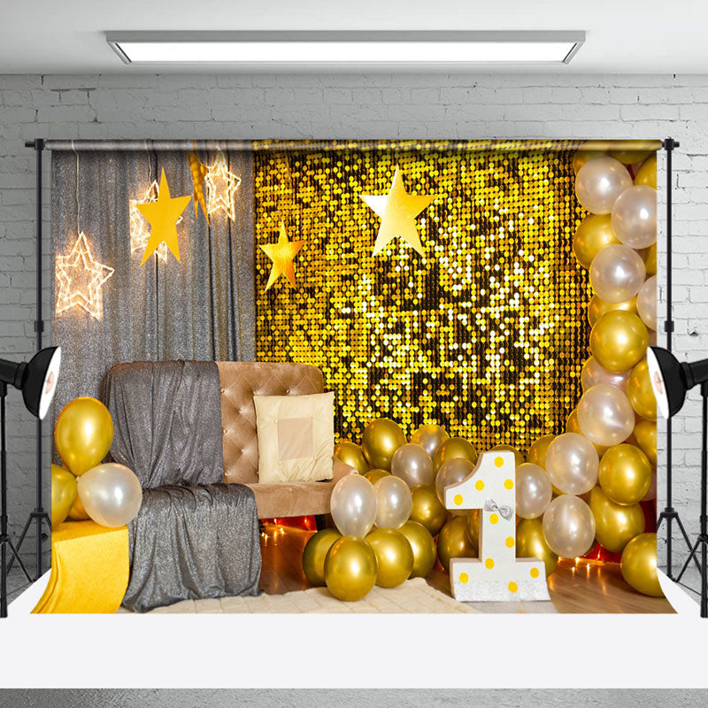 Aperturee - Grey Gold Room Balloons Stars Cake Smash Backdrop