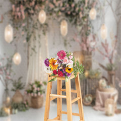 Aperturee - Grey Pinkish Floral Woven Lantern Easter Backdrop