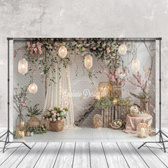 Aperturee - Grey Pinkish Floral Woven Lantern Easter Backdrop