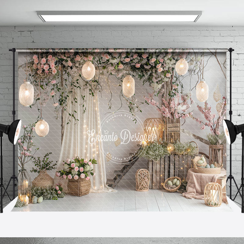 Aperturee - Grey Pinkish Floral Woven Lantern Easter Backdrop