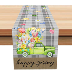 Aperturee - Grey Plaid Colors Floral Green Car Table Runner