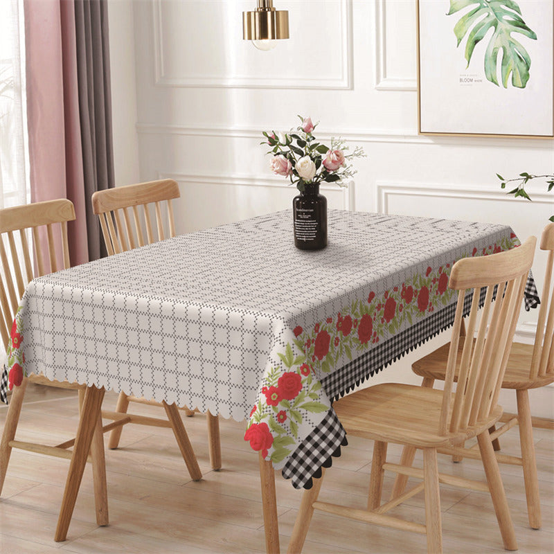 Aperturee - Grey Plaid Red Floral Leaves Rectangle Tablecloth