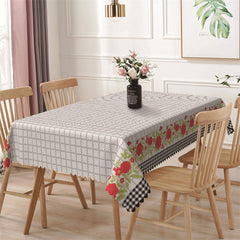 Aperturee - Grey Plaid Red Floral Leaves Rectangle Tablecloth