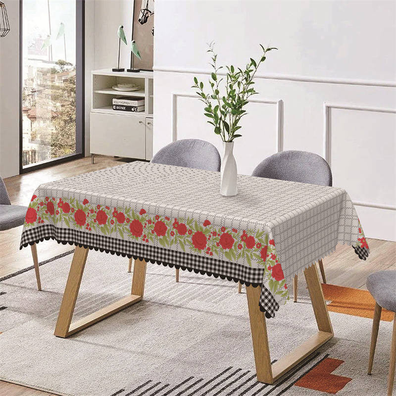 Aperturee - Grey Plaid Red Floral Leaves Rectangle Tablecloth