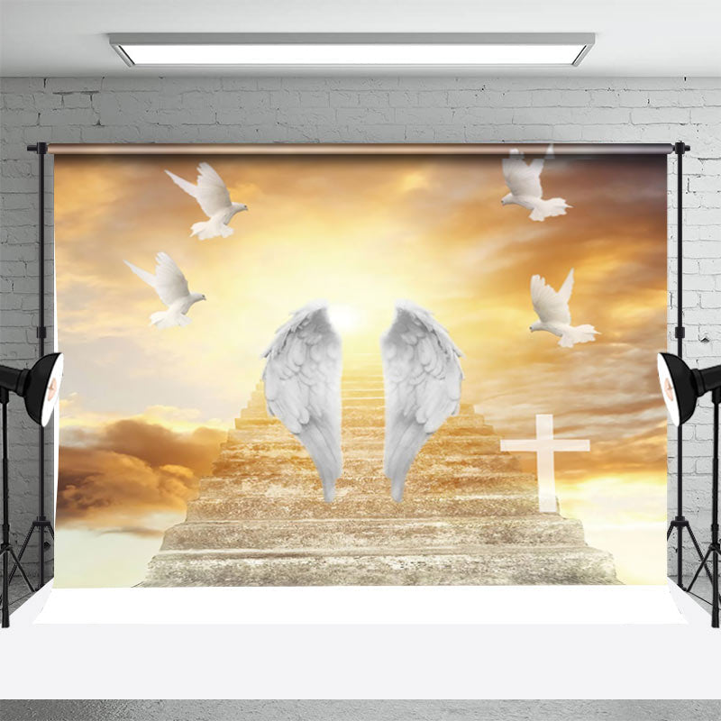 Aperturee - Grey Stair White Pigeon Wing Cross Memorial Backdrop