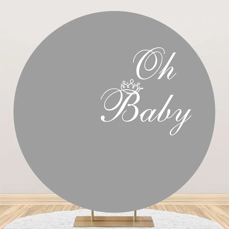 Aperturee - Grey White Oh Baby Round Boy Gender Reveal Backdrop