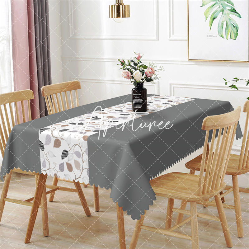 Aperturee - Grey White Plant Leaves Spring Rectangle Tablecloth