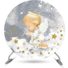 Aperturee - Grey White Stars Cloud Angel Baby Baptism Backdrop