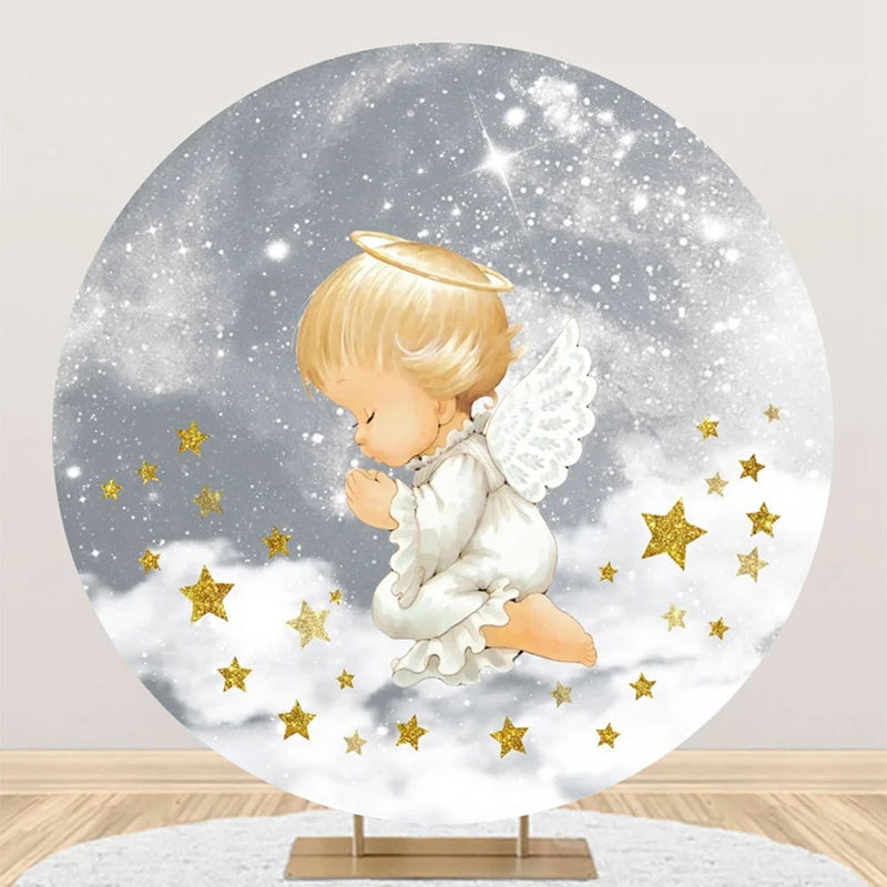 Aperturee - Grey White Stars Cloud Angel Baby Baptism Backdrop