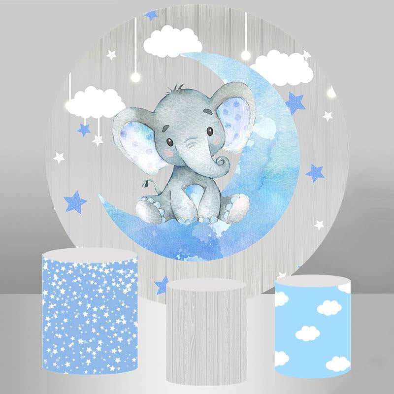 Aperturee Grey Wood And Blue Moon Elephant Baby Shower Round Backdrop