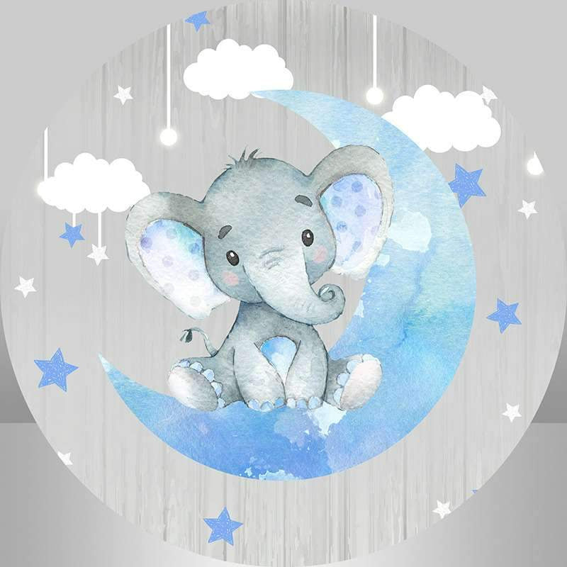 Aperturee - Grey Wood And Blue Moon Elephant Baby Shower Round Backdrop