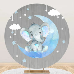 Aperturee - Grey Wood Blue Elephant Round Baby Shower Backdrop