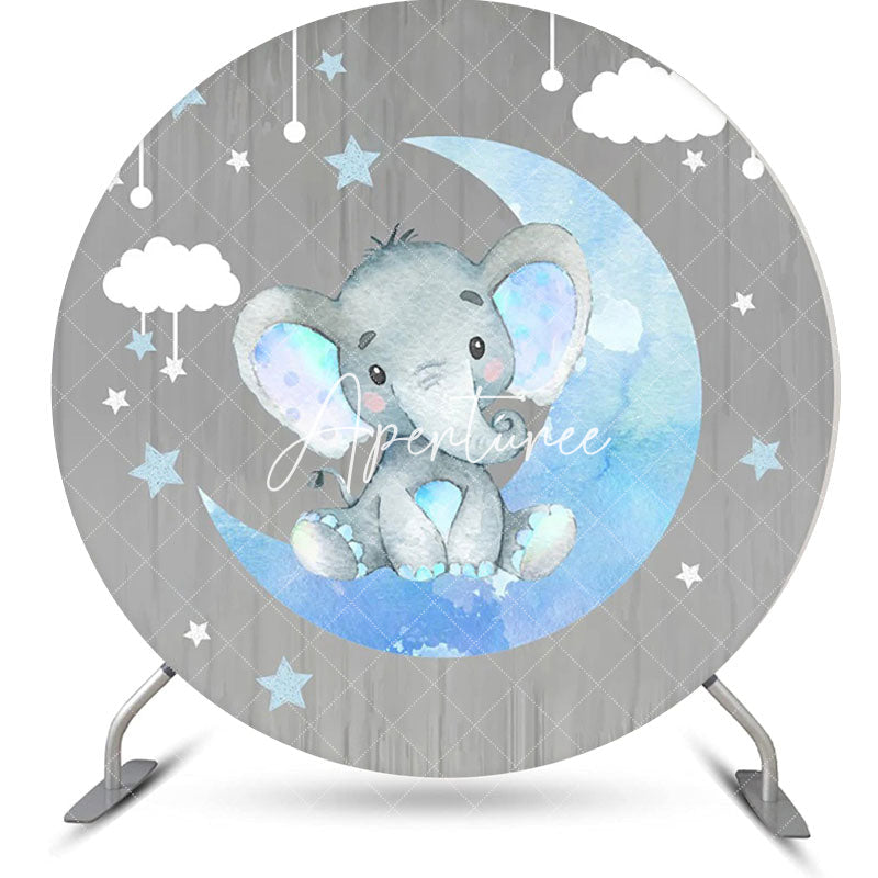 Aperturee - Grey Wood Blue Elephant Round Baby Shower Backdrop