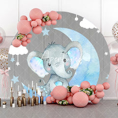 Aperturee - Grey Wood Blue Elephant Round Baby Shower Backdrop