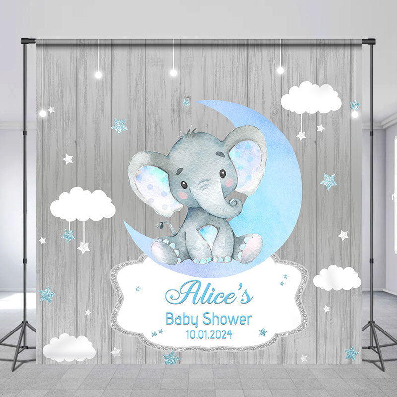 Aperturee - Grey Wood Elephant Moon Custom Baby Shower Backdrop