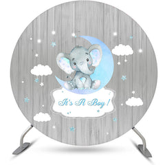 Aperturee - Grey Wood Moon Elephant Round Baby Shower Backdrop