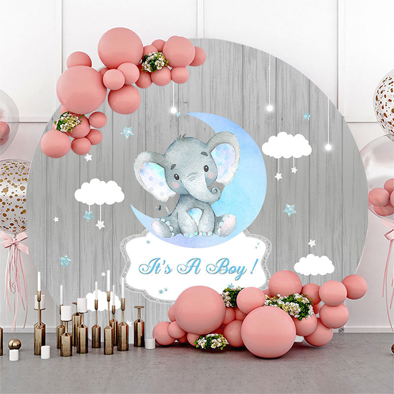 Aperturee - Grey Wood Moon Elephant Round Baby Shower Backdrop