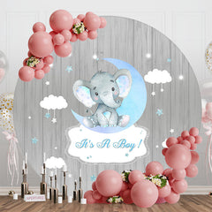 Aperturee - Grey Wood Moon Elephant Round Baby Shower Backdrop