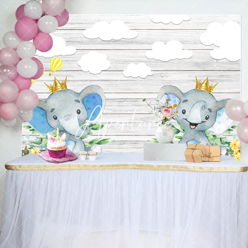 Aperturee - Grey Wooden Wall Elephant Clouds Baby Shower Backdrop