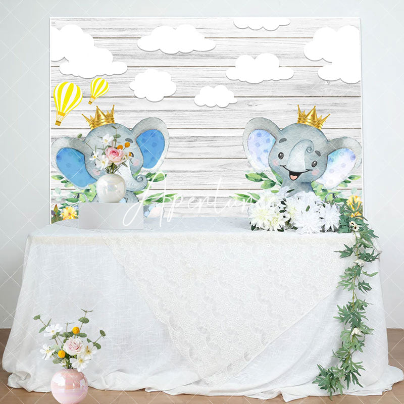 Aperturee - Grey Wooden Wall Elephant Clouds Baby Shower Backdrop