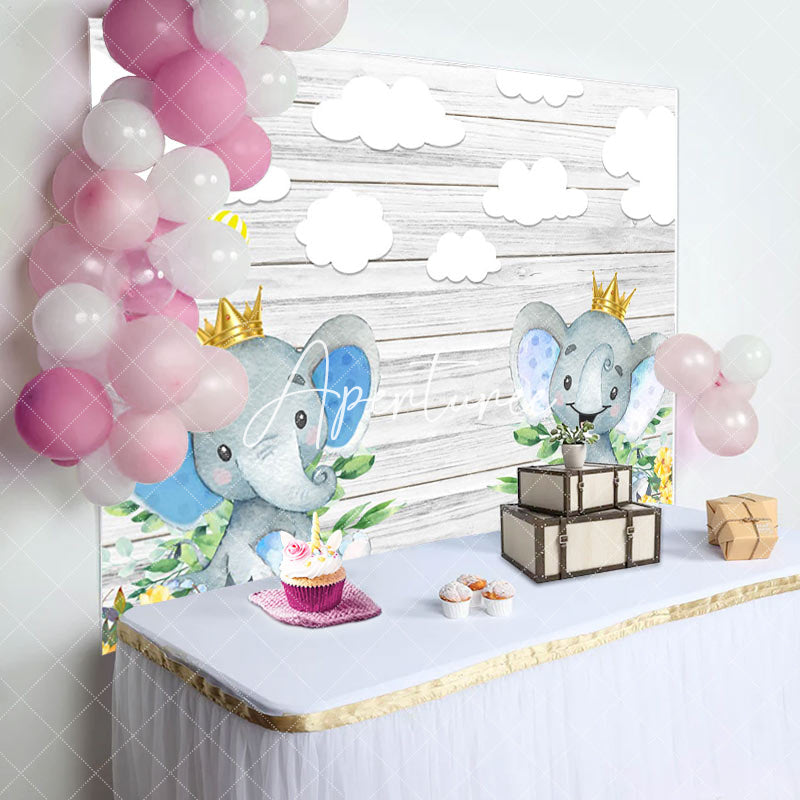 Aperturee - Grey Wooden Wall Elephant Clouds Baby Shower Backdrop