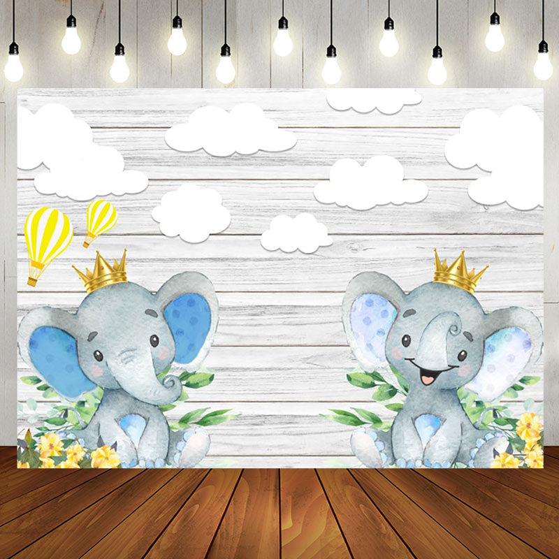 Aperturee - Grey Wooden Wall Elephant Clouds Baby Shower Backdrop