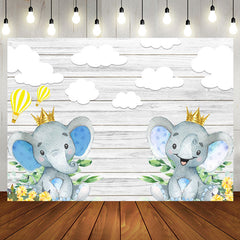 Aperturee - Grey Wooden Wall Elephant Clouds Baby Shower Backdrop