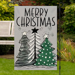 Aperturee - Grey Xmas Tree Burlap Merry Christmas Garden Flag