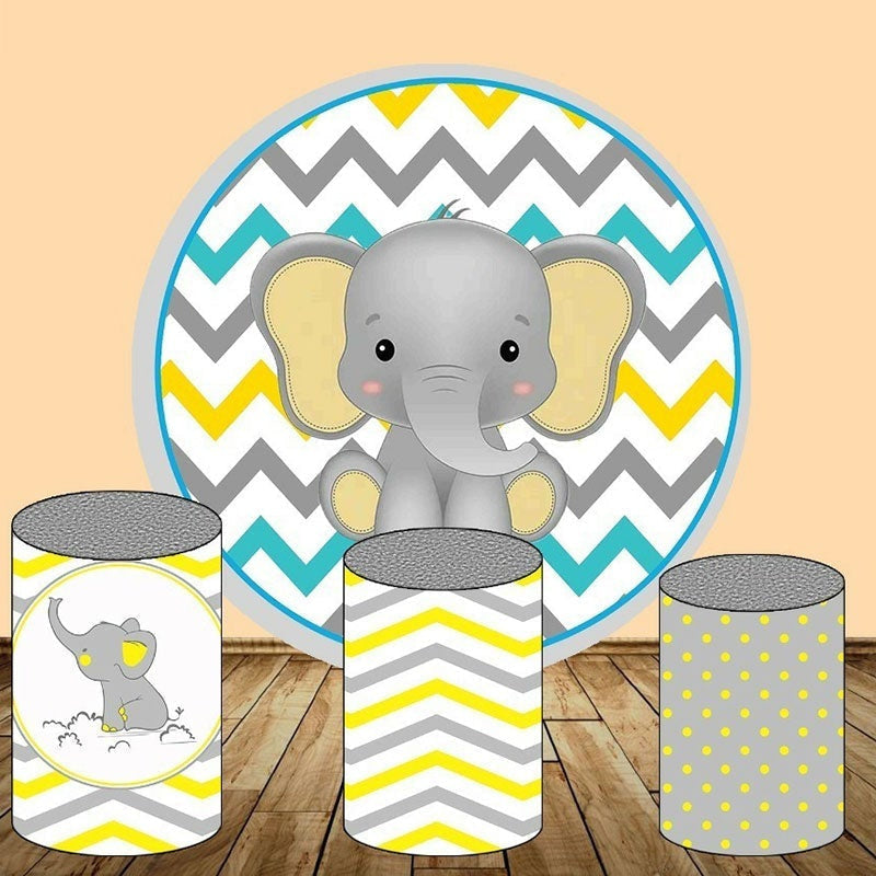 Aperturee Grey Yellow Stripes Elephant Round Birthday Backdrop Kit