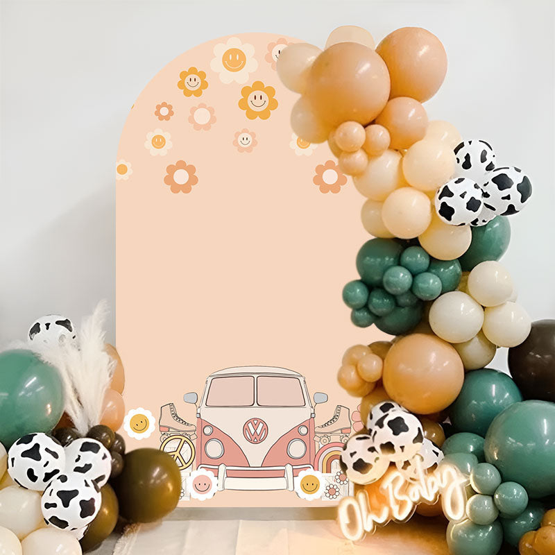 Aperturee - Groovy Floral Beige Truck Birthday Arch Backdrop