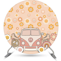 Aperturee - Groovy Smiling Floral Bus Circle Birthday Backdrop