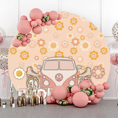 Aperturee - Groovy Smiling Floral Bus Circle Birthday Backdrop