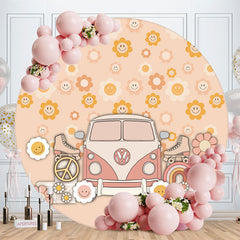 Aperturee - Groovy Smiling Floral Bus Circle Birthday Backdrop