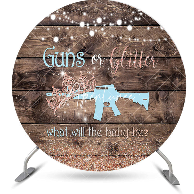 Aperturee - Guns Or Glitter Wooden Round Gender Reveal Backdrop