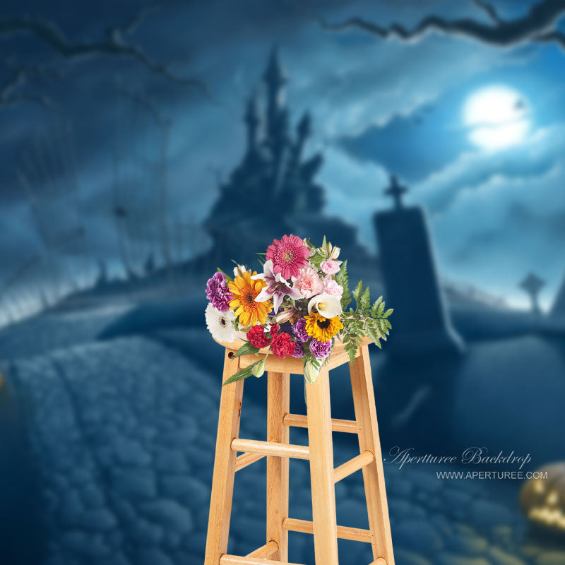 Aperturee - Halloween Horror Castle Tree Pumpkin Lamps Backdrop