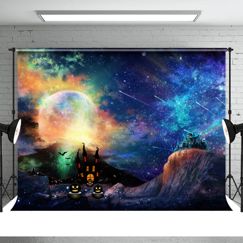 Aperturee - Halloween Misty Night Castle Bat Moon Pumpkin Backdrop