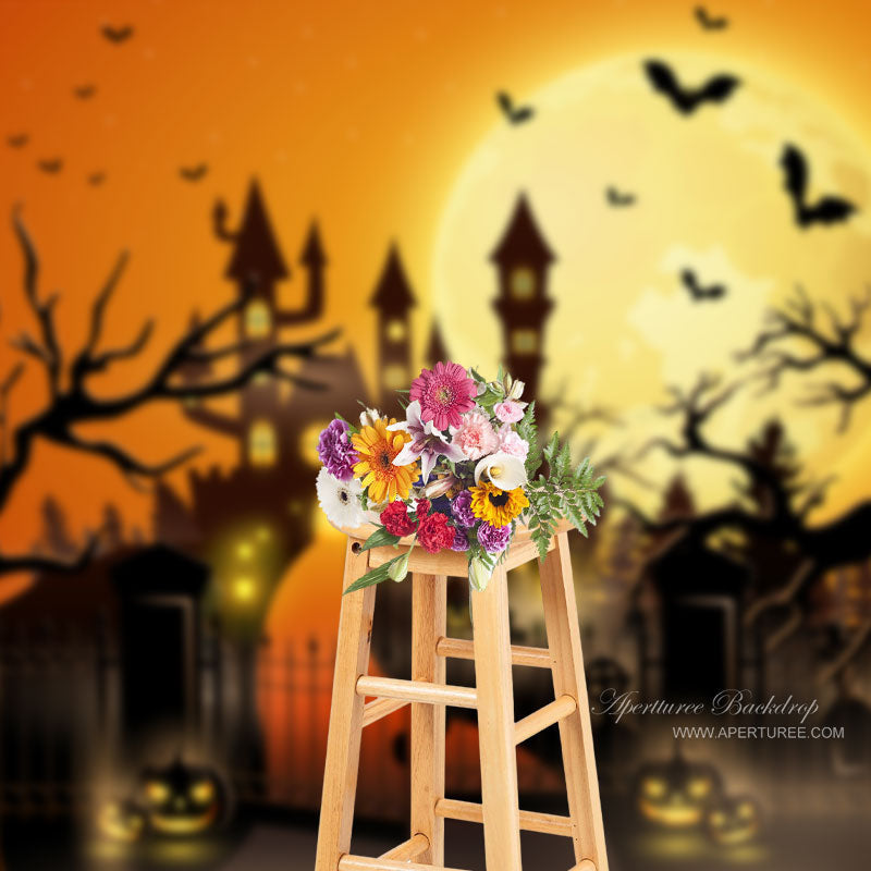 Aperturee - Halloween Moon Haunted Castle Pumpkin Lantern Backdrop