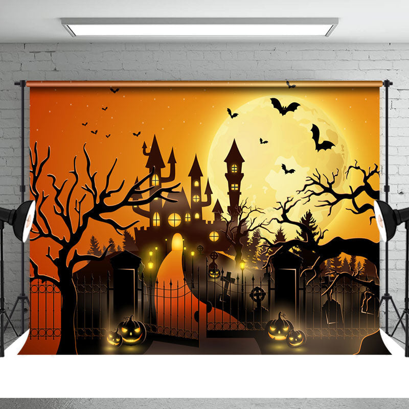 Aperturee - Halloween Moon Haunted Castle Pumpkin Lantern Backdrop