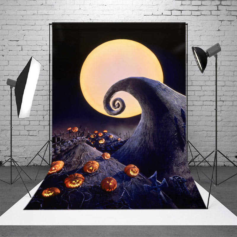 Aperturee - Halloween Night Full Moon Pumpkin Lantern Scary Backdrop