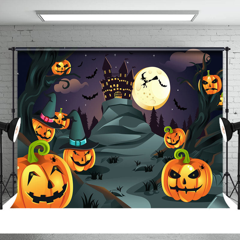 Aperturee - Halloween Witch Moon Bat Pumpkin Haunted House Backdrop