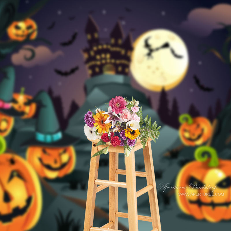 Aperturee - Halloween Witch Moon Bat Pumpkin Haunted House Backdrop