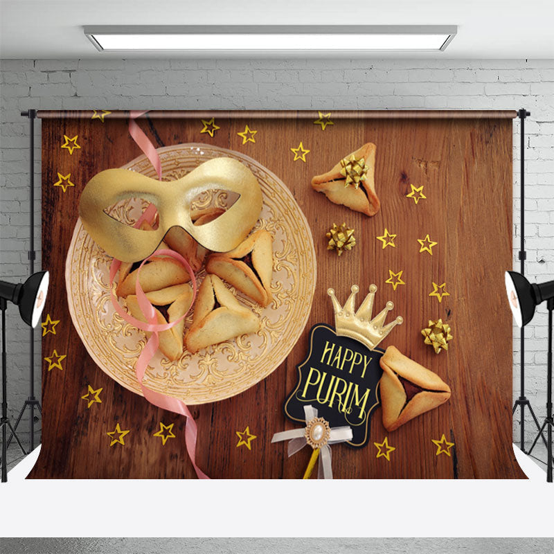 Aperturee - Hamantashen Mask Stars Wooden Happy Purim Backdrop