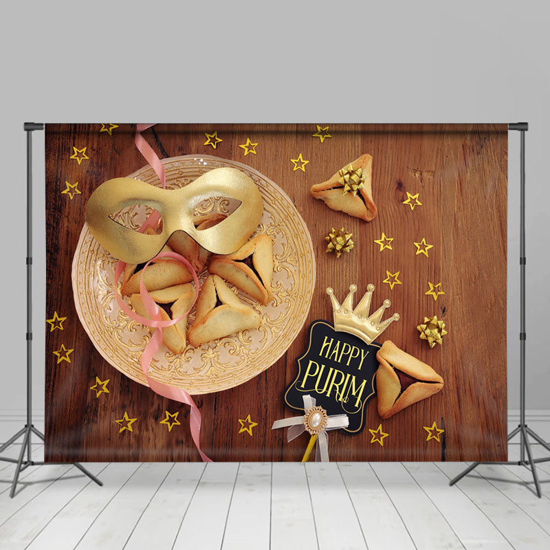 Aperturee - Hamantashen Mask Stars Wooden Happy Purim Backdrop