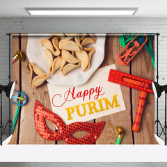 Aperturee - Hamantashen Masks Wooden Happy Purim Party Backdrop