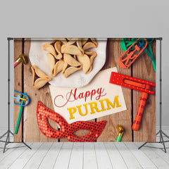 Aperturee - Hamantashen Masks Wooden Happy Purim Party Backdrop